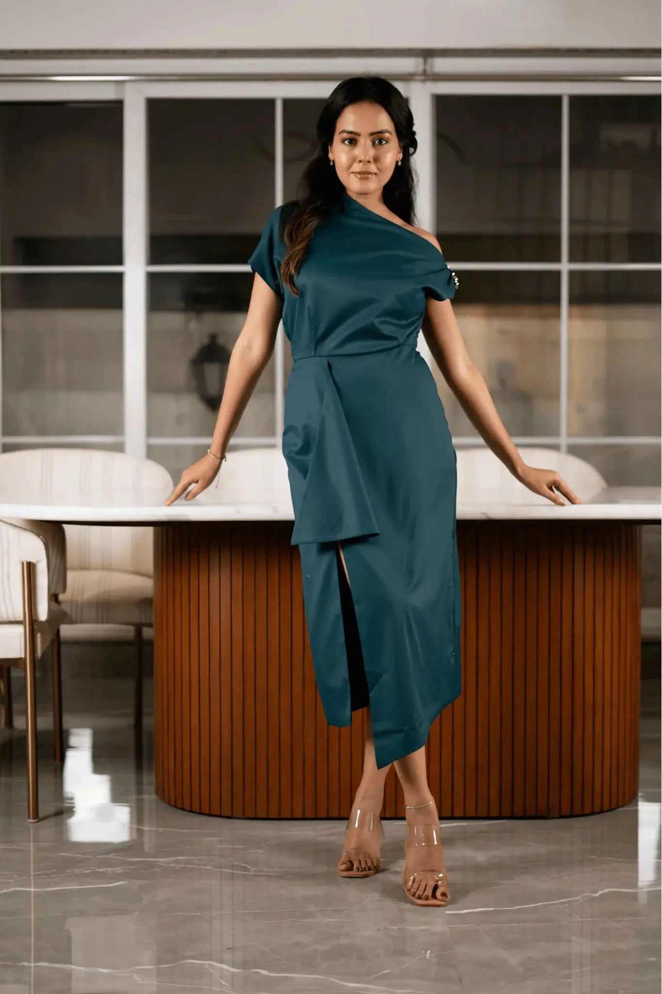 Teal One-shoulder Draped Midi Dress