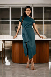 Teal One-shoulder Draped Midi Dress