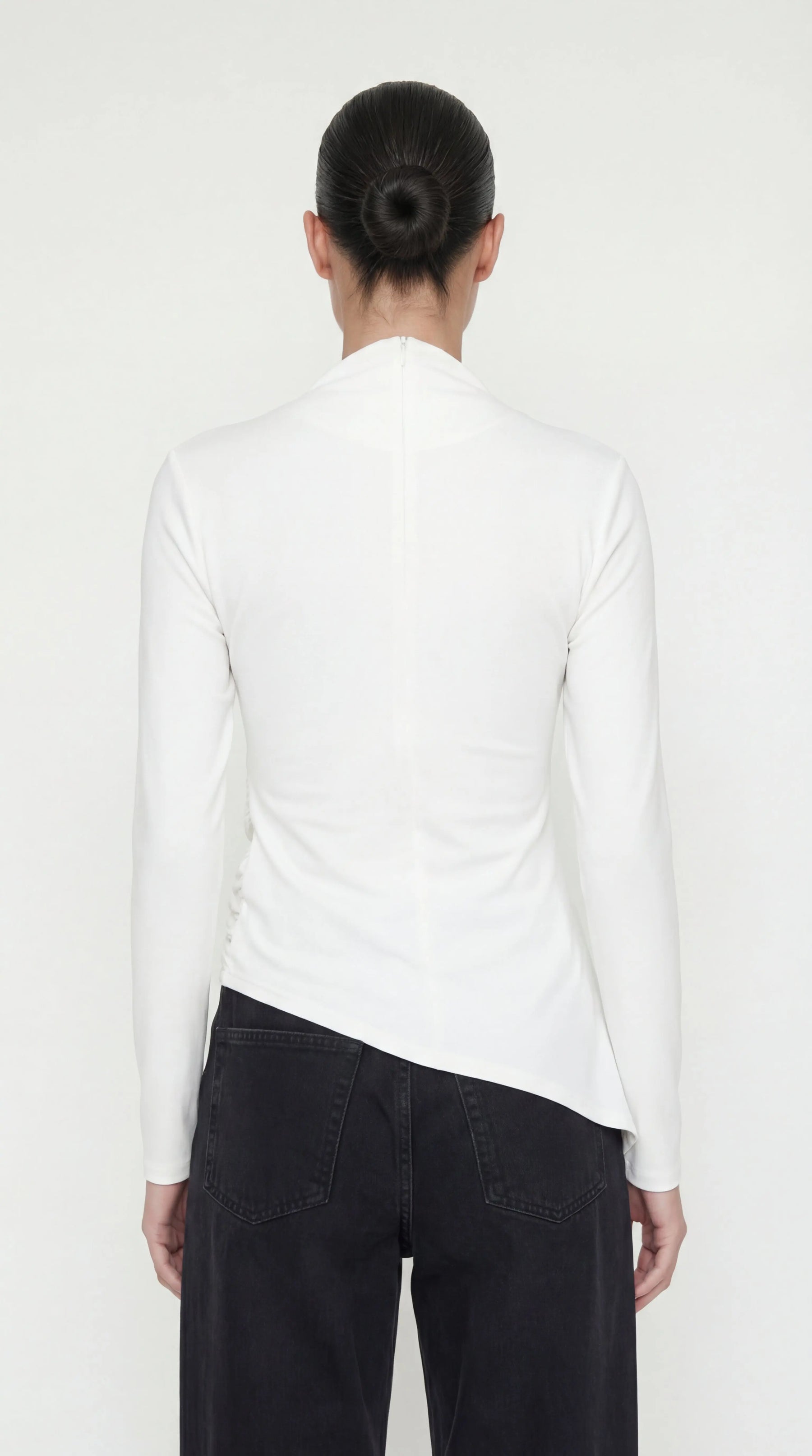 Toni Asymmetrical Ruched Mock Neck Top