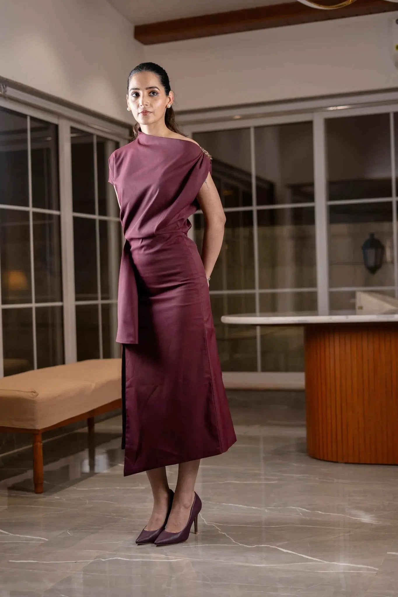 Wine One-shoulder Draped Midi Dress