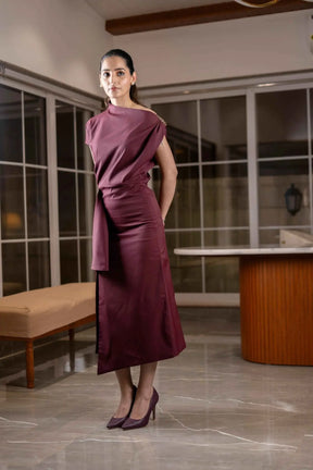 Wine One-shoulder Draped Midi Dress
