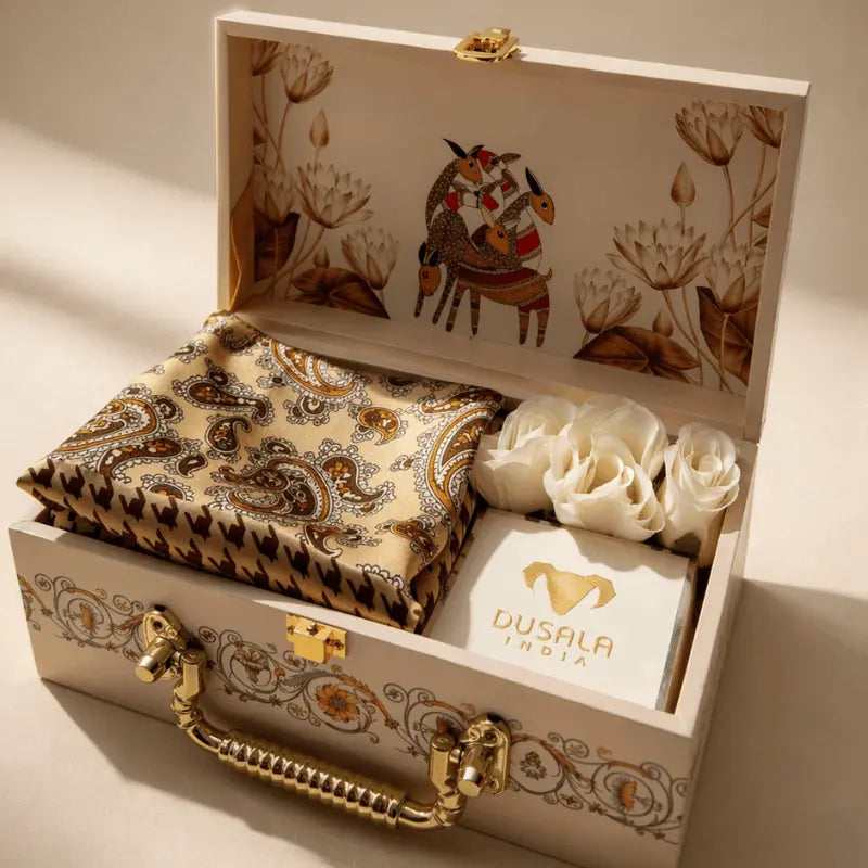 Lotus Rider Silk Scarf Heritage Gift Box with Gold-Tone Brooch